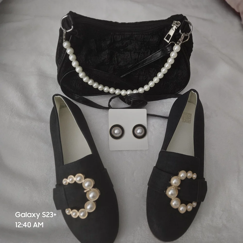 Elegant Black Loafers with Pearl Detail, Matching Purse And Earrings, Never Worn - Picture 3 of 4